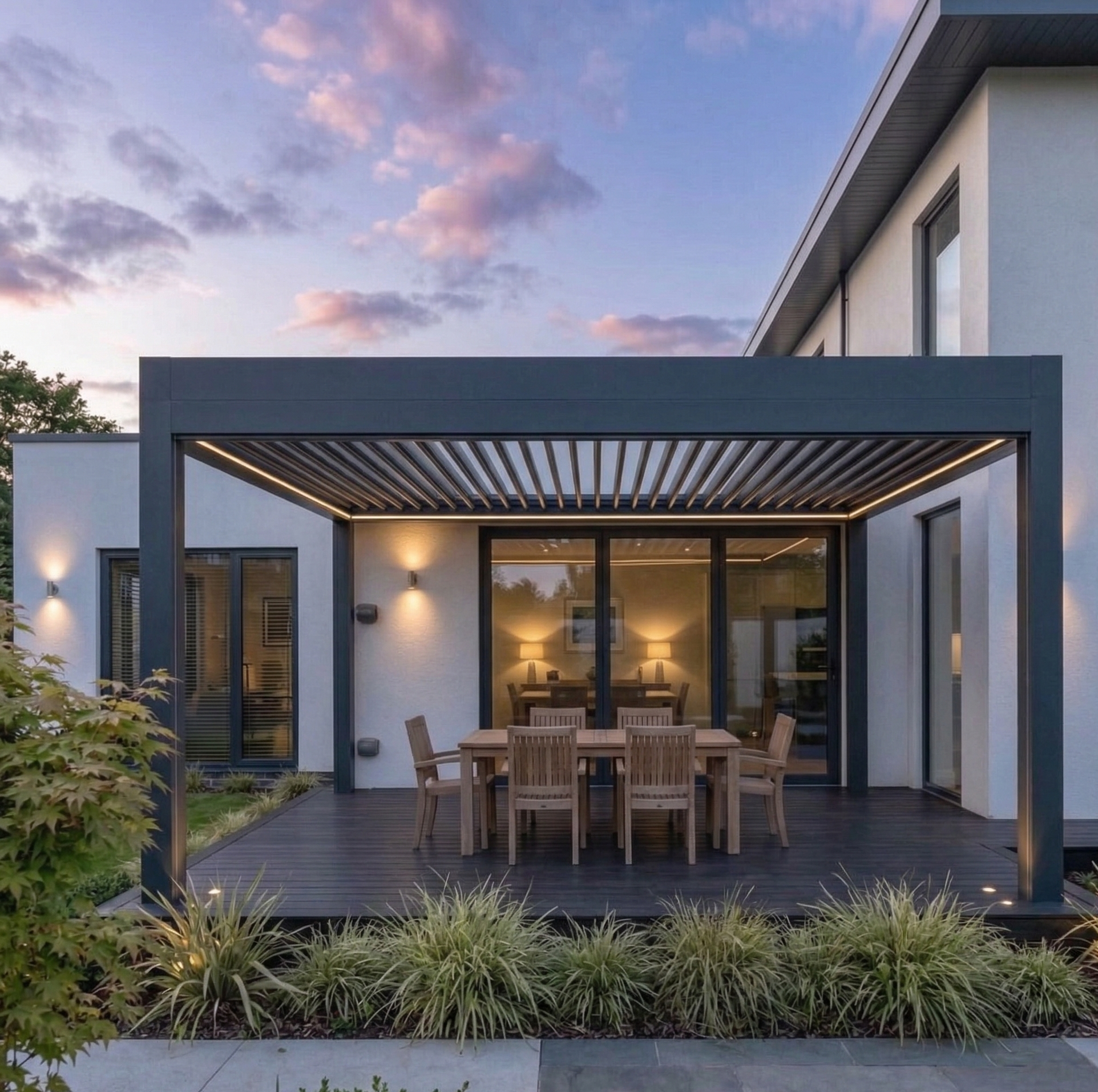 OutdoorHavens Electric Louvred Pergola with LED Lighting, Aluminium Hardtop & Drainage System
