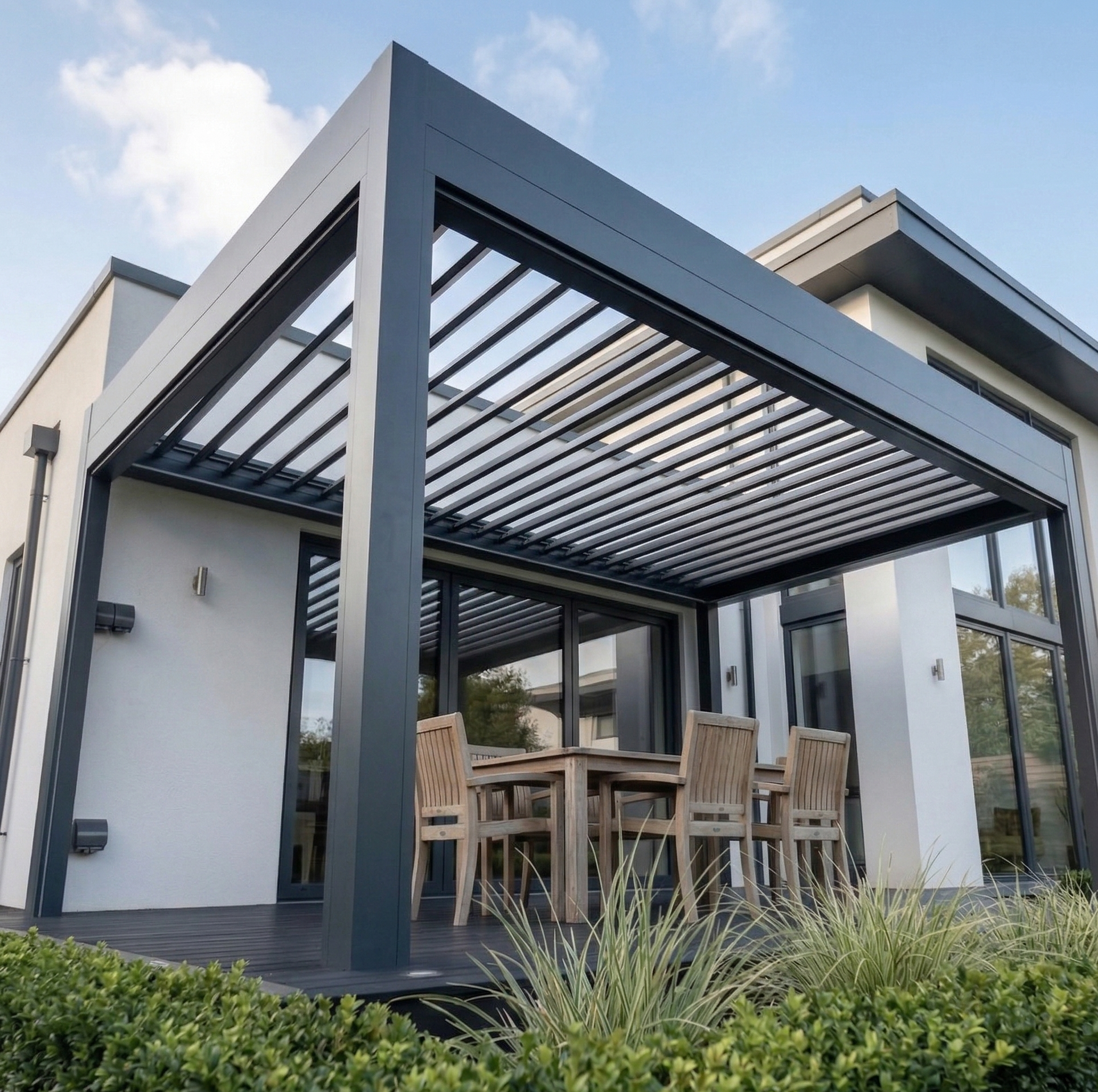 OutdoorHavens Electric Louvred Pergola with LED Lighting, Aluminium Hardtop & Drainage System
