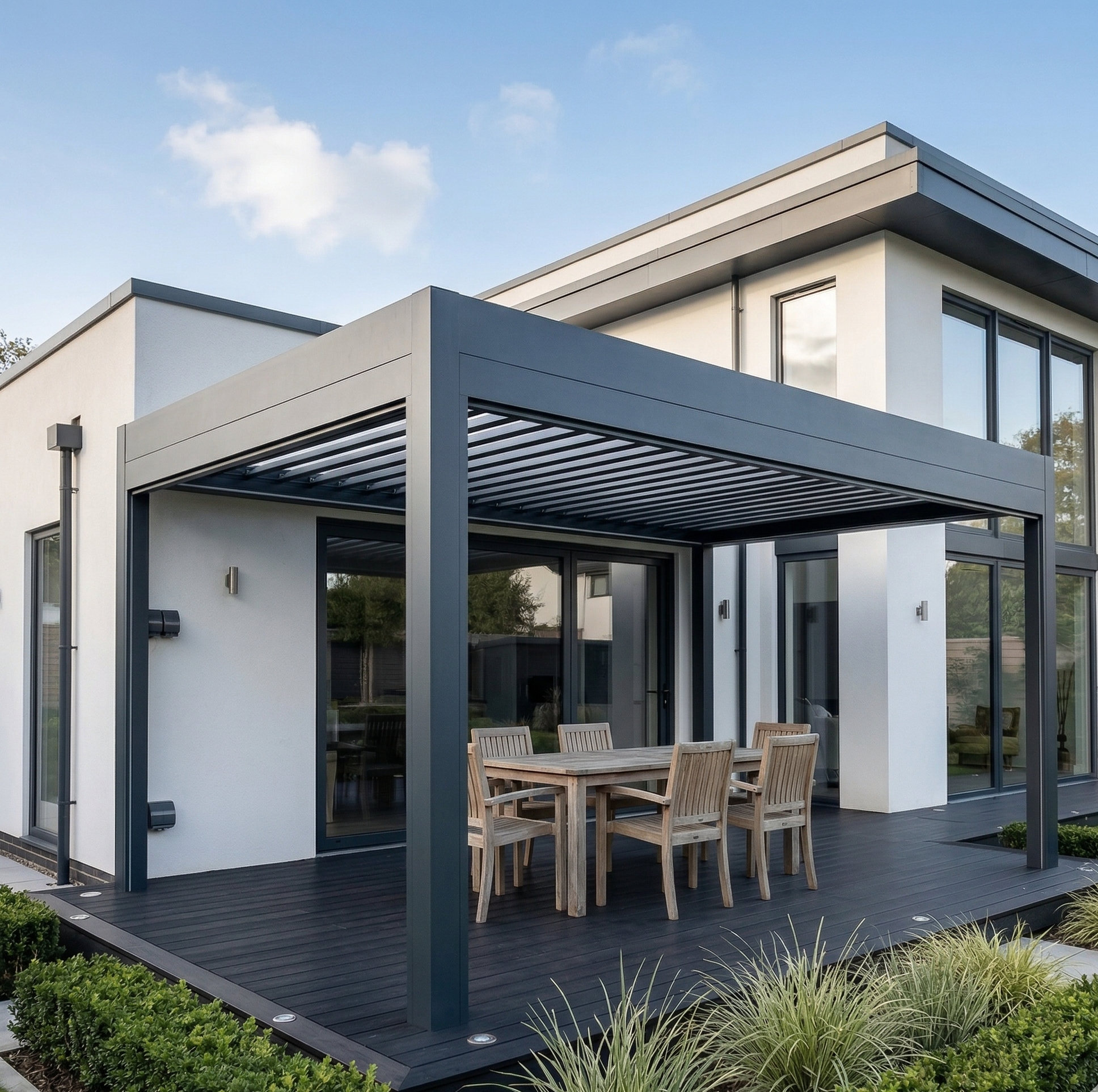 OutdoorHavens Electric Louvred Pergola with LED Lighting, Aluminium Hardtop & Drainage System